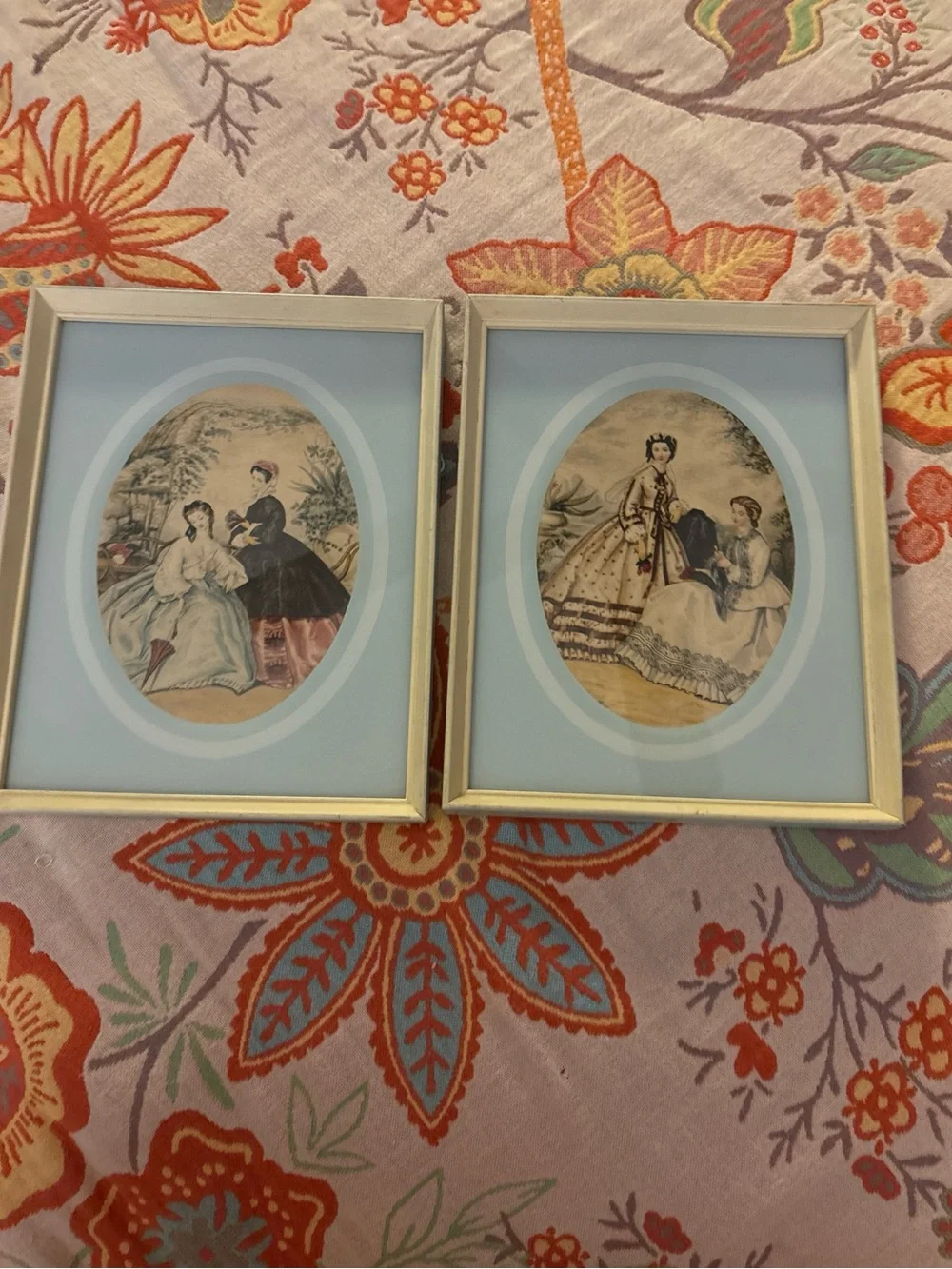 Set of 2 Elegant Light Blue Framed Victorian-Style Prints